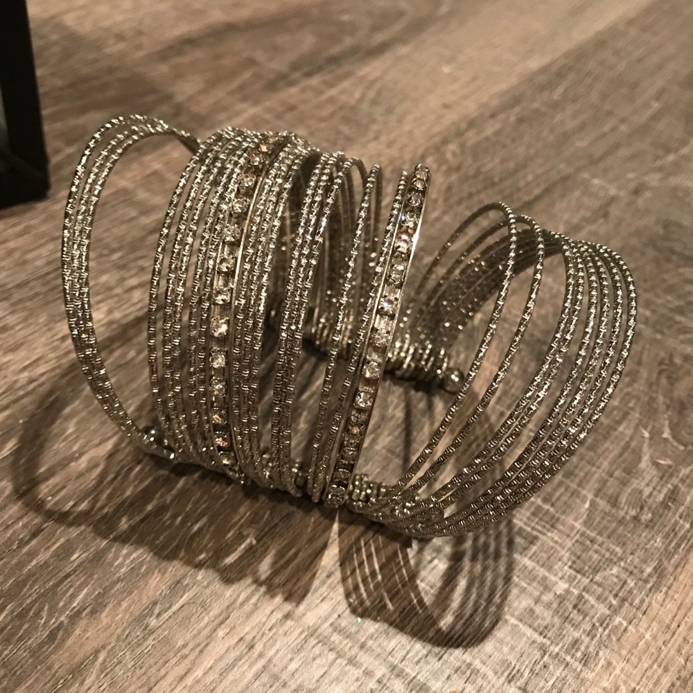 Cuff bracelet. Silver with rhinestones/texture